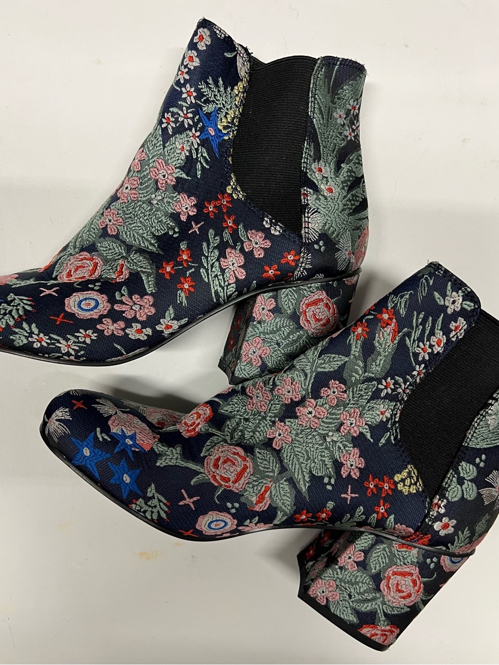Indigo Navy Floral Embroidered Ankle Booties